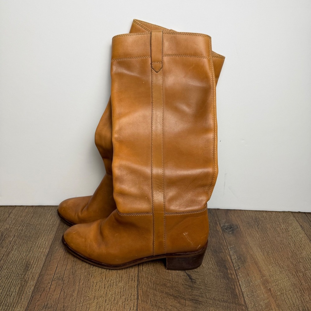 Vintage Tan Leather Tall Riding Boots Womens 8 B Louisa Stacked Heel Western